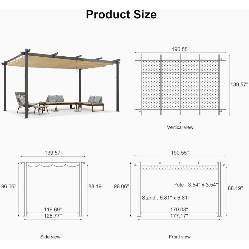 16 pi L 12 pi. Pergola en aluminium avec auvent, Kaki