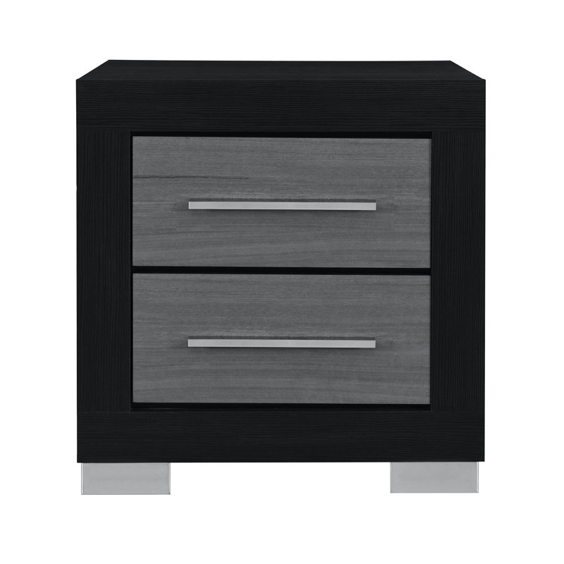 Table de chevet noire en bois d'hévéa avec deux tiroirs spacieux, poignée de bar, pieds blocs, joints, style transitionnel pour la chambre à coucher, joints carrés et configuration