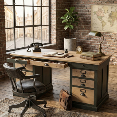 Taylors Industrial 9 Drawer Computer Desk Solid Mango Wood Table 175cm Home Office Table