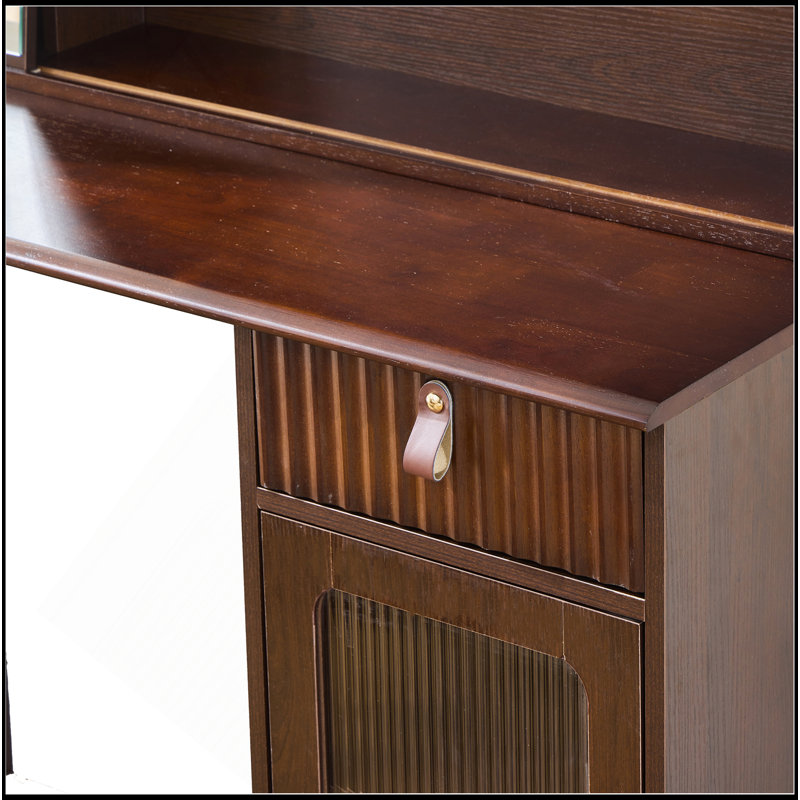 Meuble-lavabo élégant avec miroir réglable réglable 3 modes, coiffeuse moderne avec grandes tablettes, tiroir et poubelle, noyer