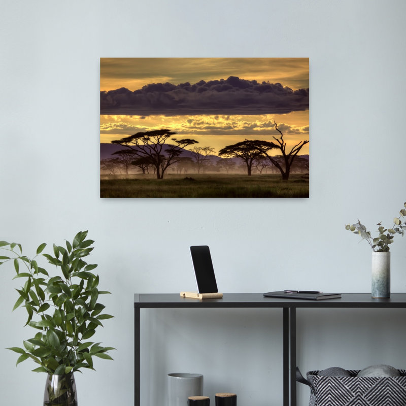 Art africain, paysage africain, savane, crépuscule, H 16 po x l 24 po