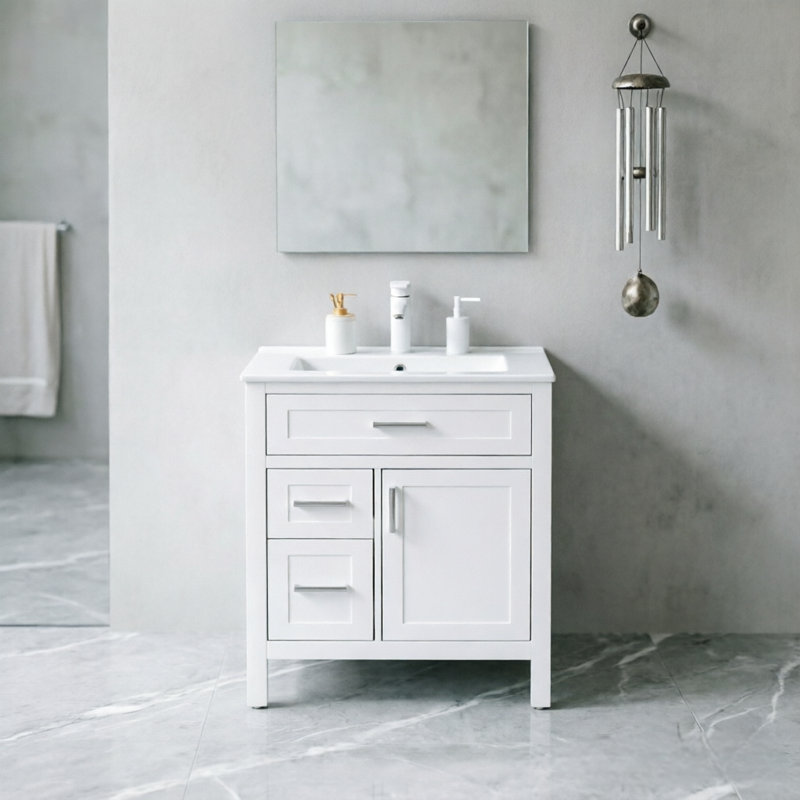 Meuble-lavabo moderne de 61 cm (24 pouces) avec lavabo en céramique, structure en bois massif et caisson en MDF, fini blanc, poignées argentées, 1 porte et 3 tiroirs, blanc