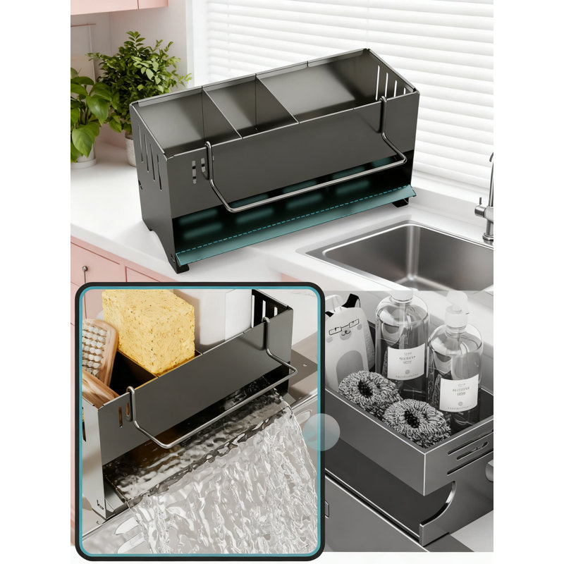Organisateur d'évier de cuisine avec système de vidange automatique, éponge antirouille et porte-brosse pour rangement sur le comptoir et rangement compact
