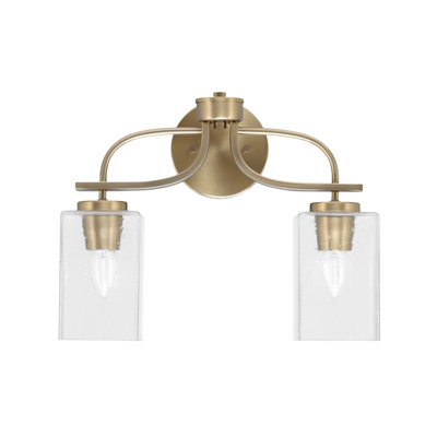 Barre d'éclairage de salle de bain 2 lumières Unia avec finition laiton nouvel âge et verre carré blanc en mousseline de 4 po
