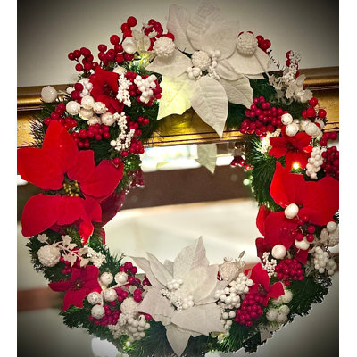 Pre-Lit Red and White Poinsettia and Berry Christmas Wreath