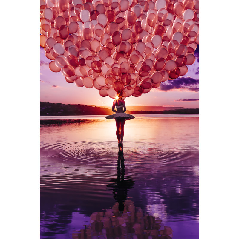 Modern Ballerina And Balloons Tempered Glass Wall Art, Sunset Scene, 40" X 60"