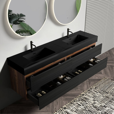 Modern Bathroom Vanity With 72-Inch Double Sinks, Soft Black Drawers, Grille Panel, Walnut Color Splicing, E1 Grade Panels, E0 Water-Based Lacquer, Countertop, Integrated Granite Sink, Overflow