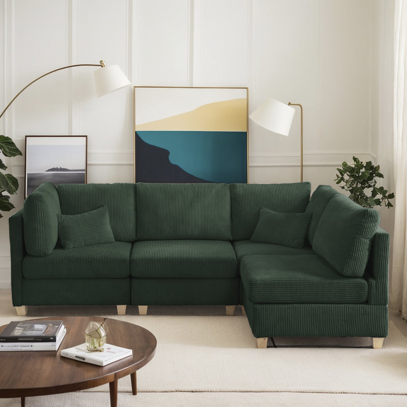 Latitude Run Shariff 110'' Convertible Modular Corduroy Upholstered Sectional Sofa, Green Corduroy