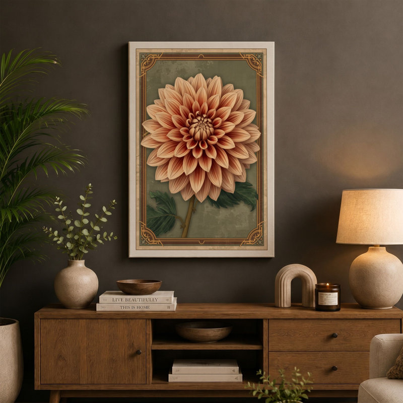 Dahlia Bloom Botanical - Wrapped Canvas, 18x12 - 45.7 x 30.5 cm, Black Border