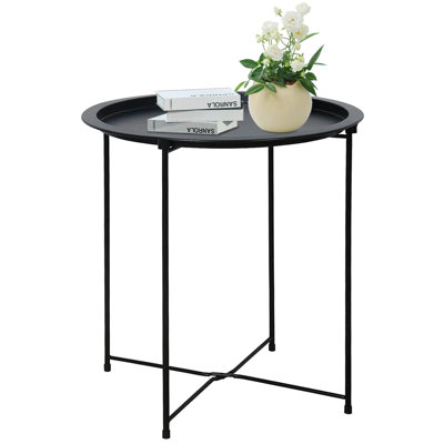 Round Metal Folding End Table, Portable Tray Side Table for Living Room, Bedroom, Patio