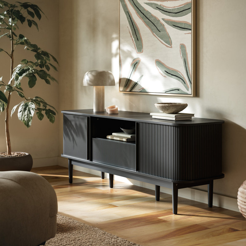 Tambour TV Stand For TVs Up To 70 Inch, TV Console With Sliding Doors, Black