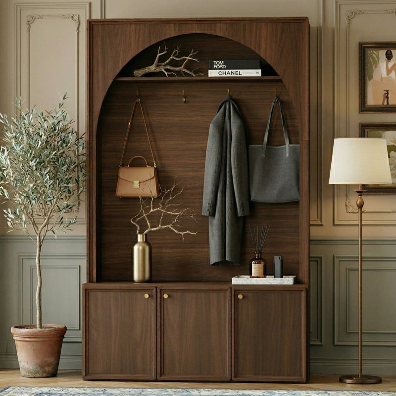 49" Farmhouse Arched Hall Tree With Storage Bench And 3 Cabinets For Entryway, Walnut