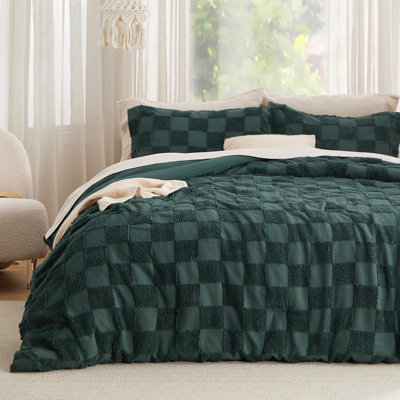 Bedsure Twin Comforter Set Emerald, Boho Tufted Bed Set, Checkered Farmhouse Shabby Chic Bedding, 2 Pieces, 1 Plaid Geometric Comforter and 1 Pillow Sham