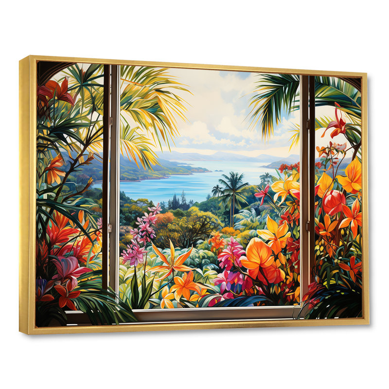 «Tropical Windows View Blooms 4 - Coastal Windows», art mural, Cadre flottant doré, H 34 po x l 44 po x P 1,5 po