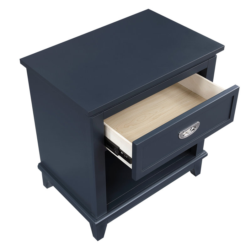Table de chevet bleu marine, design classique, un tiroir avec glissières à roulement, tablette de rangement pour tablette inférieure et, look pour chambre à coucher, aucun assemblage requis