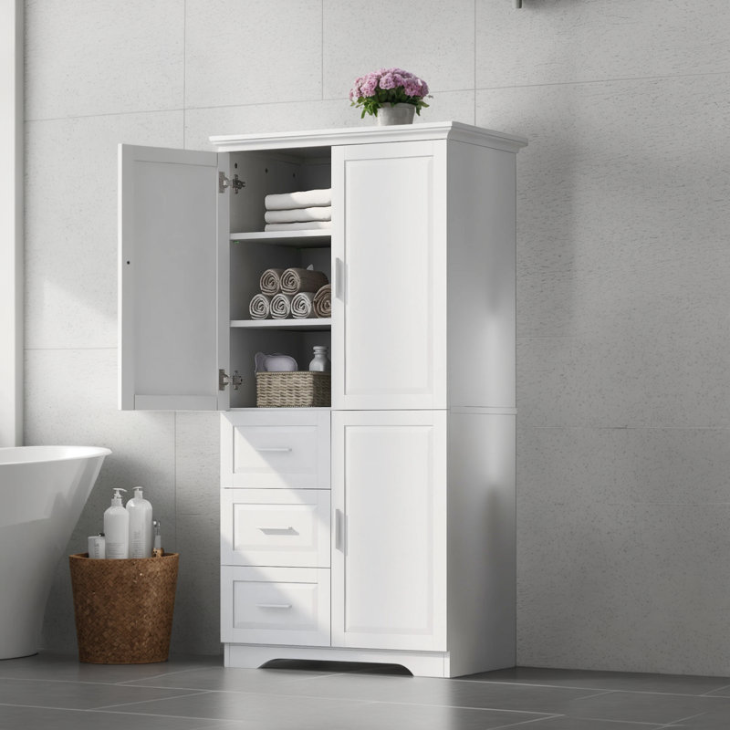 Tall And Wide Storage Cabinet With Doors For Bathroom/Office, Three Drawers, White