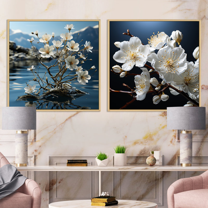 Blossuming Dogwood - Ensemble de 2 collages carrés Dogwood, Cadre flottant brun, H 16 po x l 33 po