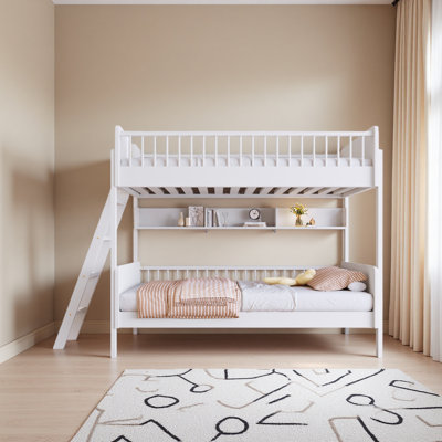 Lit superposé simple en bois avec 3 tablettes de rangement, l'échelle peut être changée à gauche ou à droite