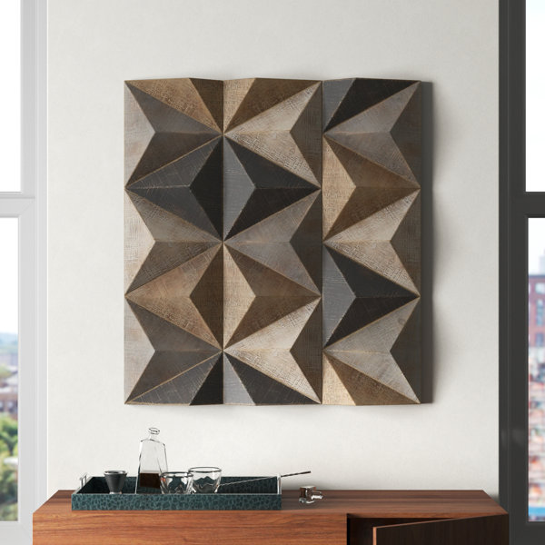 Rustic Wood Wall Art with Geometric Design in Neutral Gray, Metallic Gold,  and Warm Wood Tones