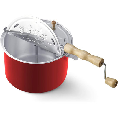 Cook N Home Basics 6 Quart Stovetop Popcorn Popper with Crank, 3-Minute Stirring Popcorn Maker, Aluminum Popcorn Pot with Metal Gears, Red