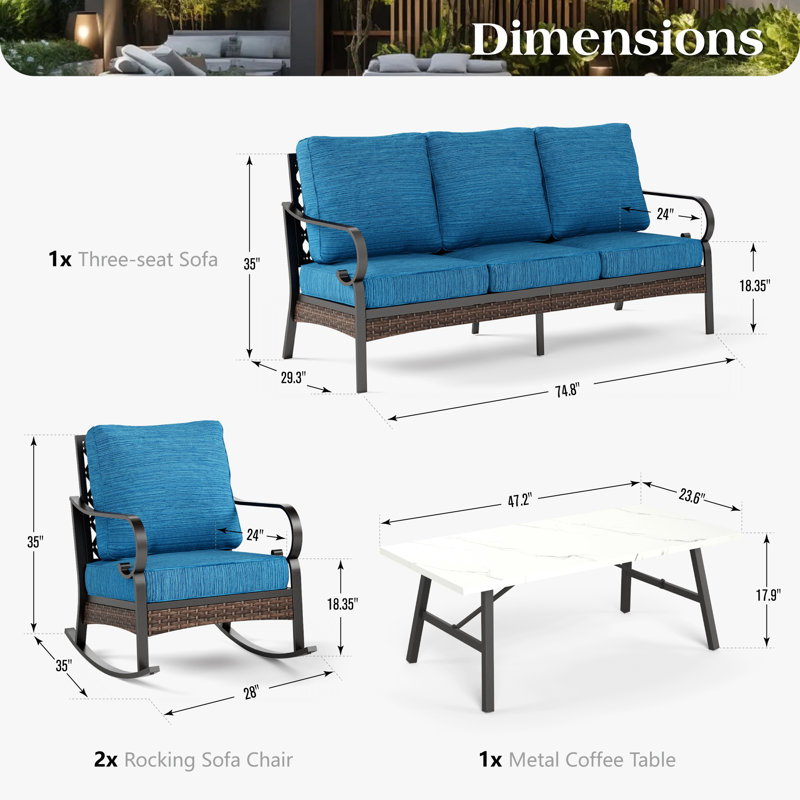 5-Person Sofa Seating Group With Rocking Lounge Chairs, Peacock Blue