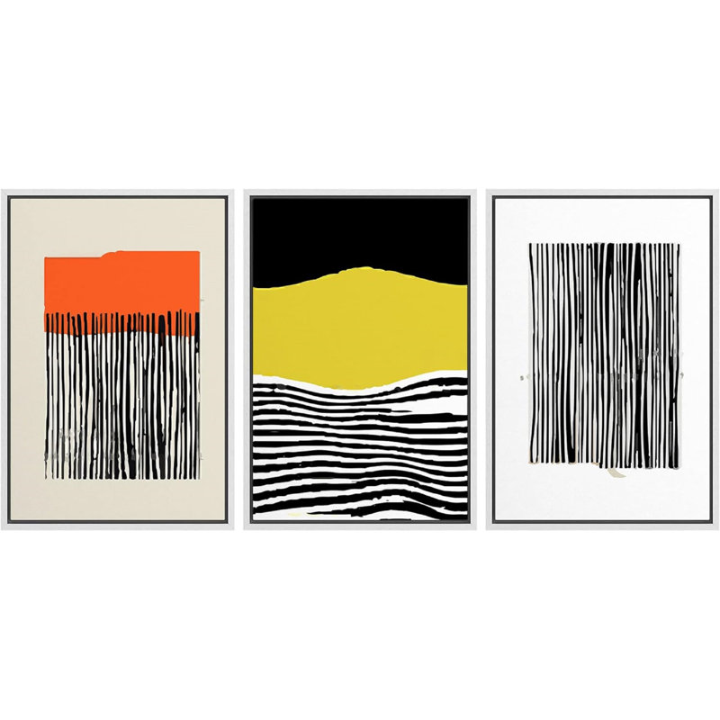 Abstrait abstrait aux couleurs vives, art au trait noir / jaune, art boho encadré 3 pièces, H 24 po x l 16 po x P 1,5 po