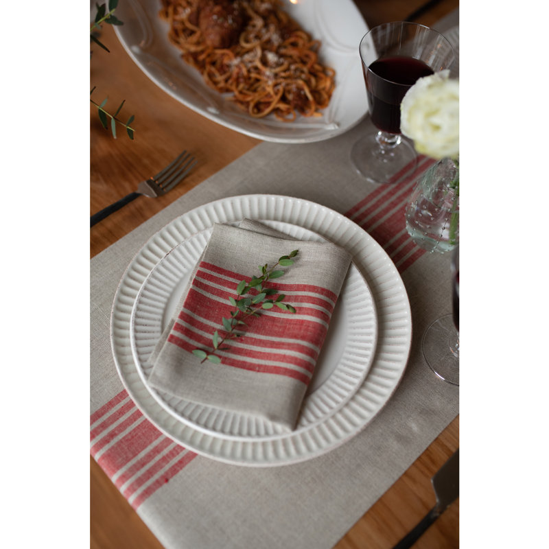 Farmhouse - 100% Pure Linen Dinner Napkins, Red and Natural