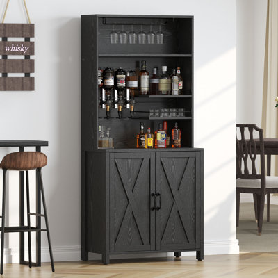 BELLEZE 68" Tall Farmhouse Corner Bar Storage Cabinet With Rotating Wine Rack, Modern Home Bar Liquor Storage Cabinet For Dining Room, Living Room