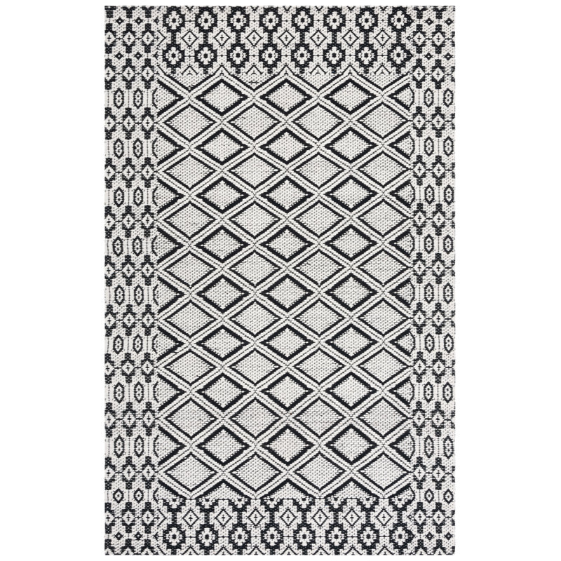 Marbella Hand Woven Wool/Cotton Geometric Rug in Ivory/Black, Rectangle 4' x 6'
