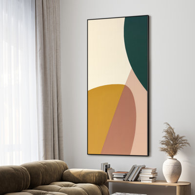 Très grande reproduction d'art abstrait géométrique minimaliste - moutarde, rosé et vert, décor Mid-Century moderne pour le salon ou la chambre à coucher, assemblage requis