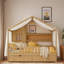 Lit pour enfant avec toit, rideaux, 2 tiroirs de rangement et 2 tablettes de rangement Montessori-939246657-939246783