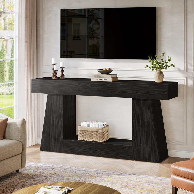 Console étroite en bois manufacturé avec tablettes, Noir
