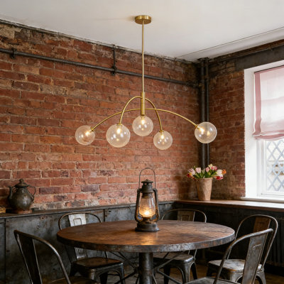 Lustre moderne à 5 lumières avec globes en verre transparent, luminaire suspendu au fini laiton réglable pour plafond de salle à manger, de cuisine et de chambre à coucher