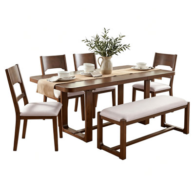 6-Piece solid wood dining table Set, Extendable Rectangular Dining Room Set with 4 Padded Chairs & Bench, 60"–84" Expandable Tabletop, Cushion