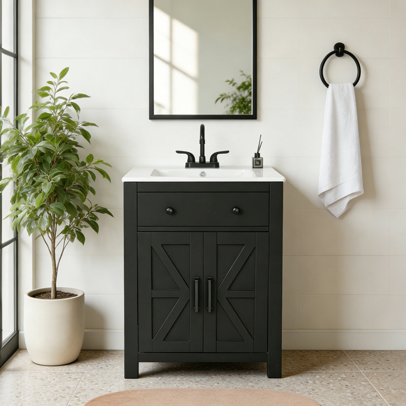 Meuble-lavabo de ferme 24 po noir mat avec lavabo en céramique intégré et rangement réglable