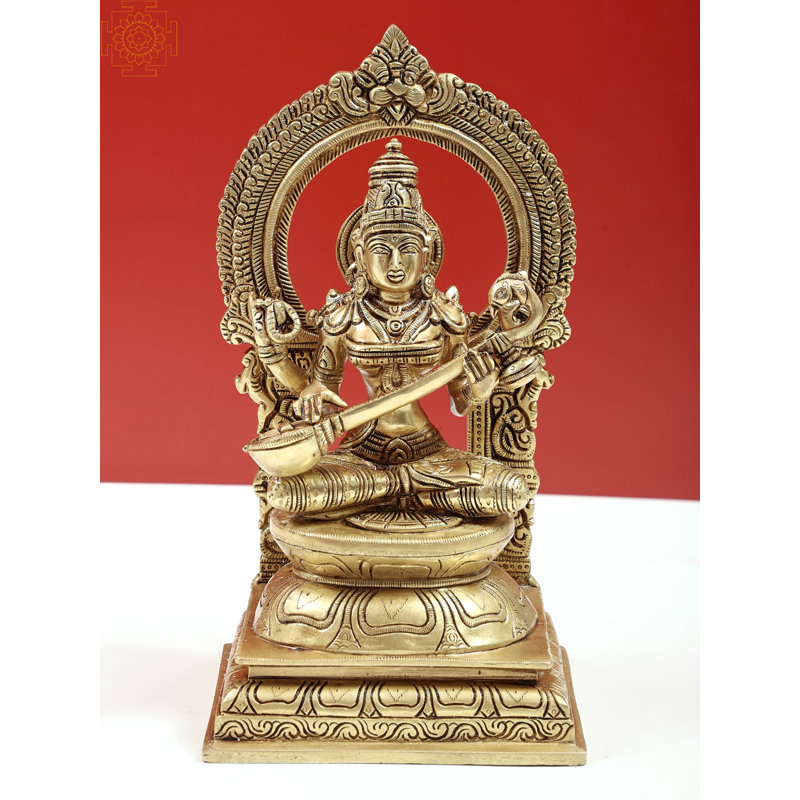Statue de déesse à quatre bras en laiton 10 po Saraswati