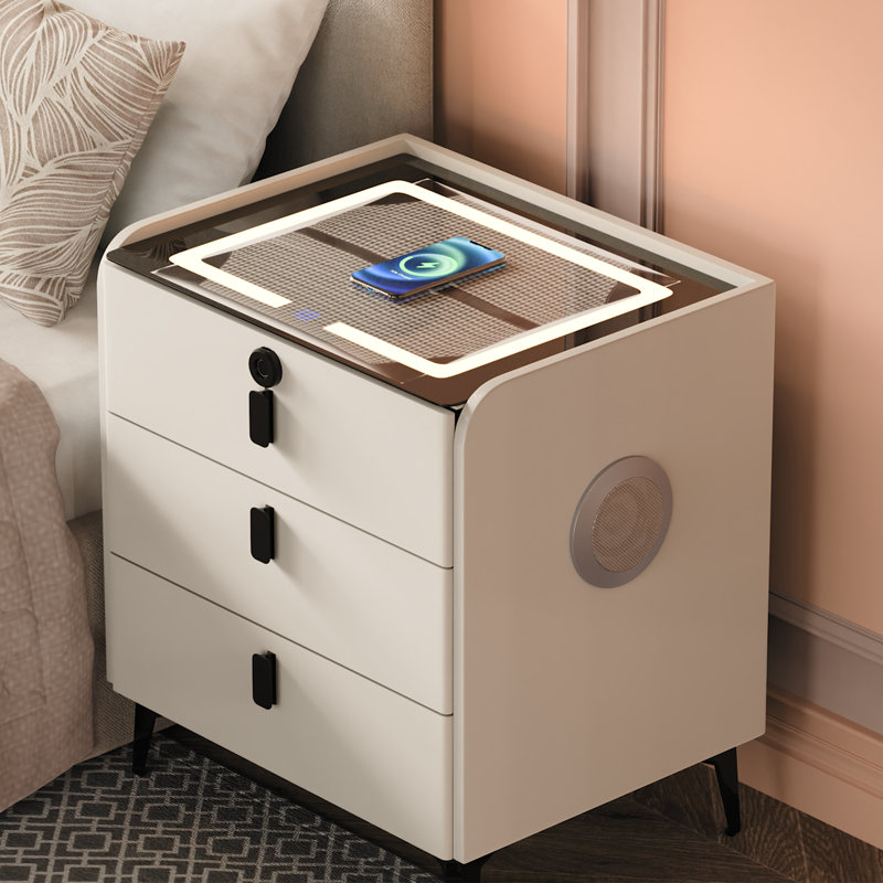 Kaylena 3 - Drawer Nightstand with Fingerprint Lock and LED Lights and Music Player, White