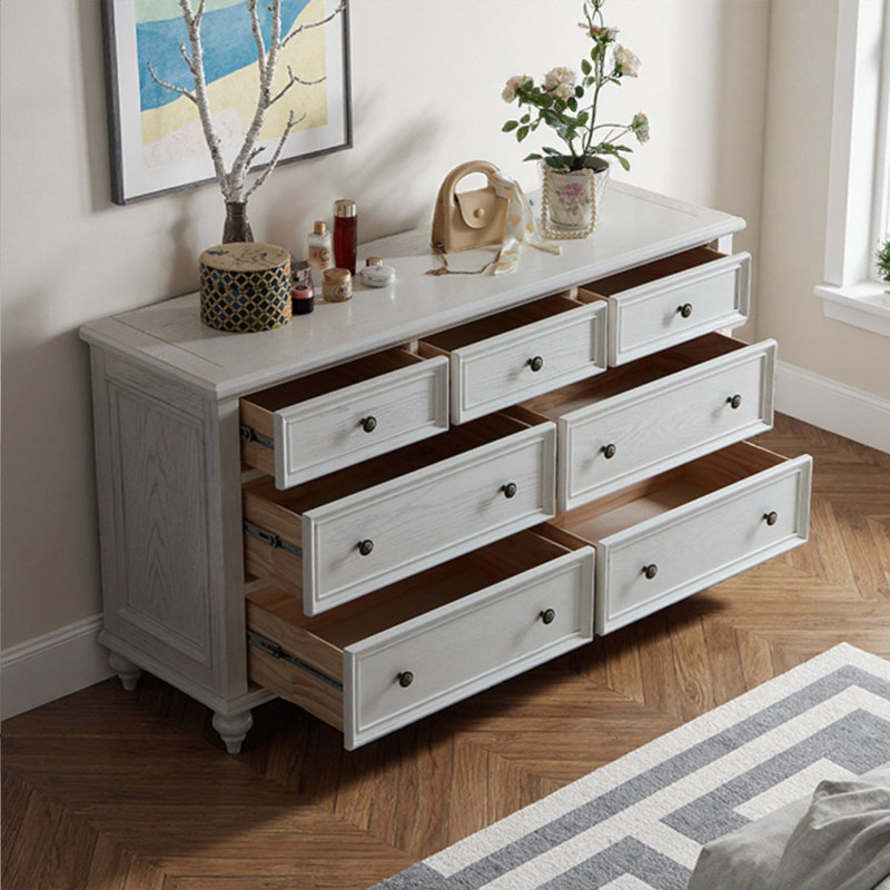 Buffet rétro en bois massif blanc avec 7 tiroirs