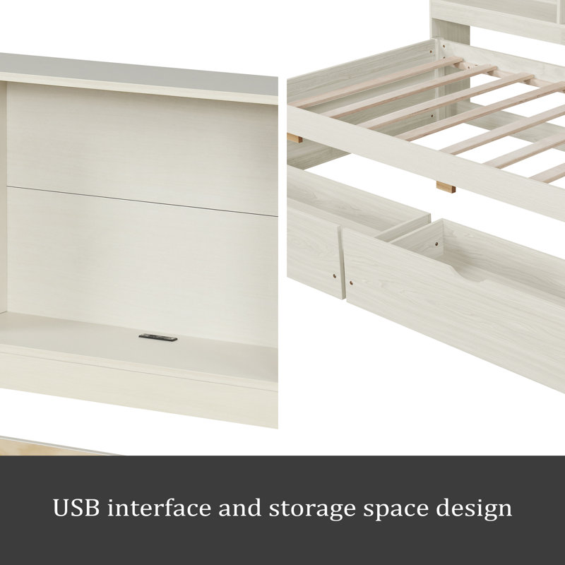 Twin Size Bed Frame With Side Bookshelves, Two Drawers, And Built-In USB Port, Creamy