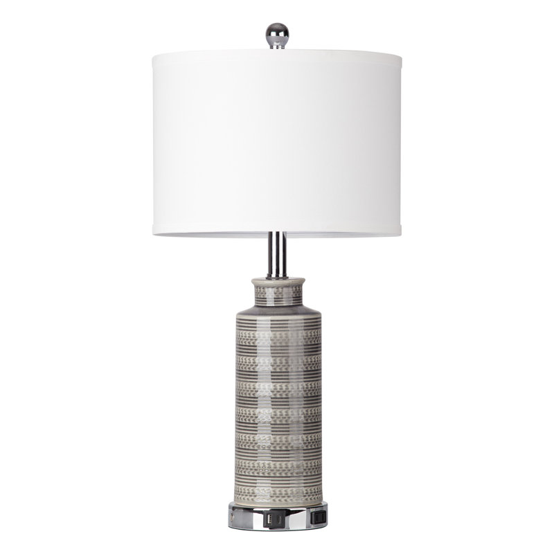 Javell Ceramic Grey Drum Shade USB Charging Port AC Outlet Touch Switch