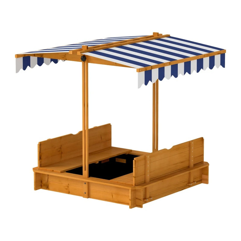 Bac à sable en bois pour enfants avec auvent réglable et housse en tissu en bleu, brun et blanc
