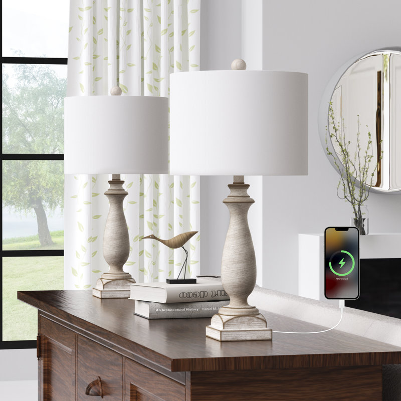 Masonboro 26.5 in. Antique White Vintage Dimmable Resin For Bedroom/Living Room Bedside Desk Nightstand Table Lamps With Linen Empire Shade And USB Port