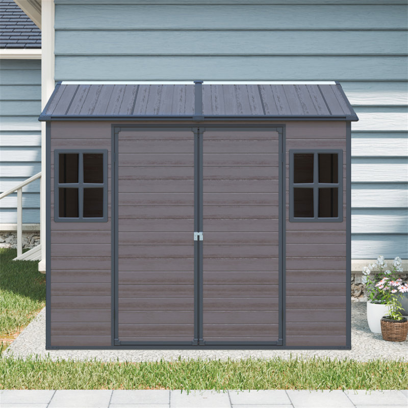 Remise de rangement extérieure en résine 8 x 6 pi imperméable avec plancher et deux fenêtres et porte verrouillable, remise à outils pour le jardin, le patio, la cour arrière