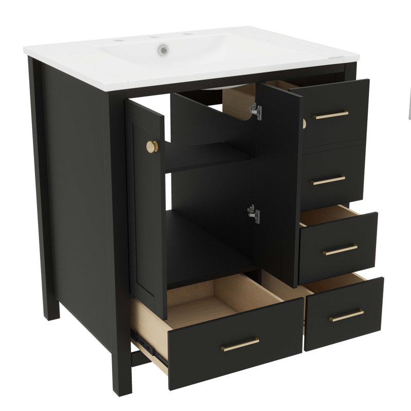 Meuble-lavabo de 30 po avec lavabo en céramique, solution de rangement autoportante avec 4 tiroirs, Noir