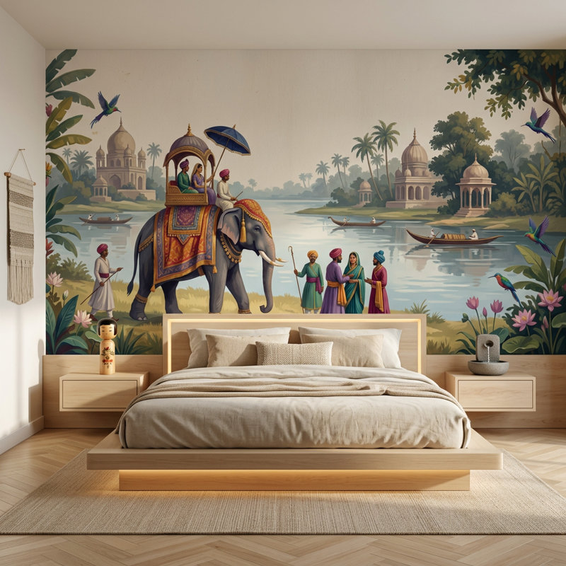 Éléphant, procession, papier peint, paysage indien, palais, dômes, mur, Peler et coller, 200 po x 120 po