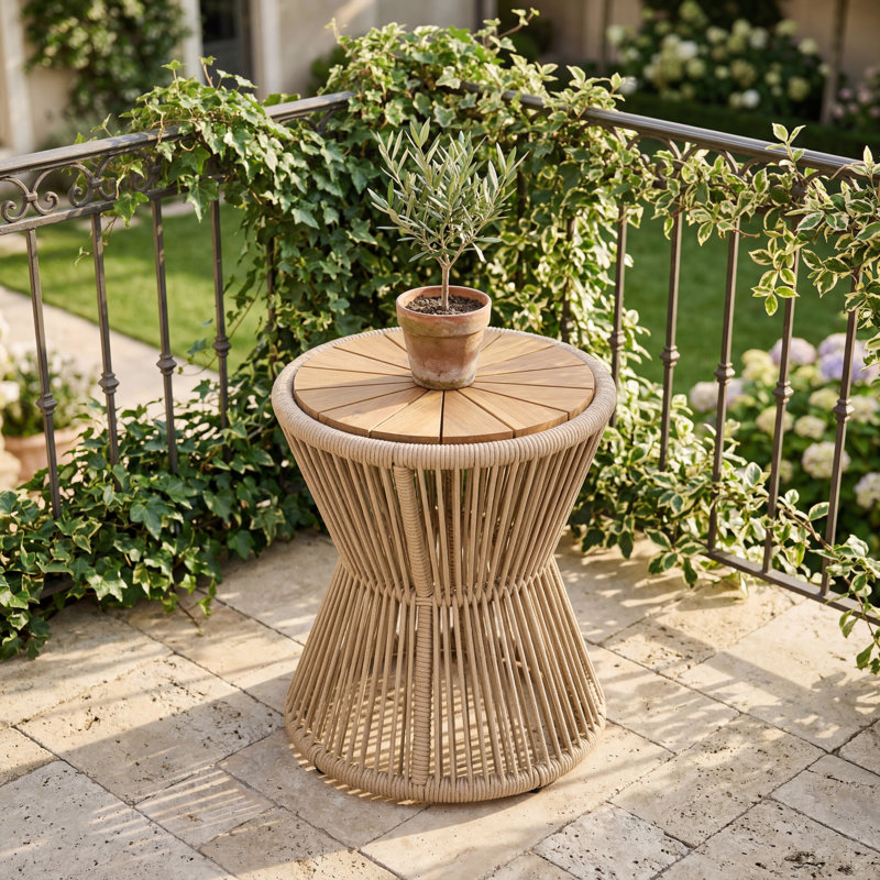 Nara Outdoor Side Table Acacia Wood & Woven Rope, 18.90"Hx16.14"D X 16.14"W, Light Teak Top/Beige Frame