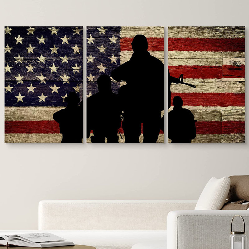 Country Flag " Silhouette Of Troops With An UAS Flag Background " 3 - Pieces, 24" H x 48" W x 1.5" D
