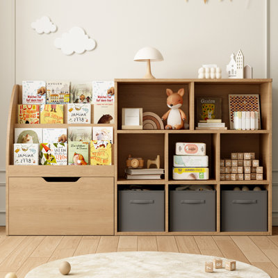  58.5" W  Extra Wide Kids Bookshelf and Toy Storage Organizer with Rolling Toy Bin, Montessori Playroom Storage Cabinet with 8 Cubbies & Fabric Bin for Bedroom and Nursery,Natural Wood