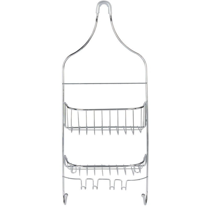 Chrome Metal 2-Shelf Hanging Shower Caddy with Hooks