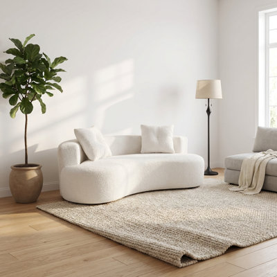 Three-Seater Upholstered Floor Sofa with Pillows, Compact Living Room Couch in Soft Boucle Fabric,